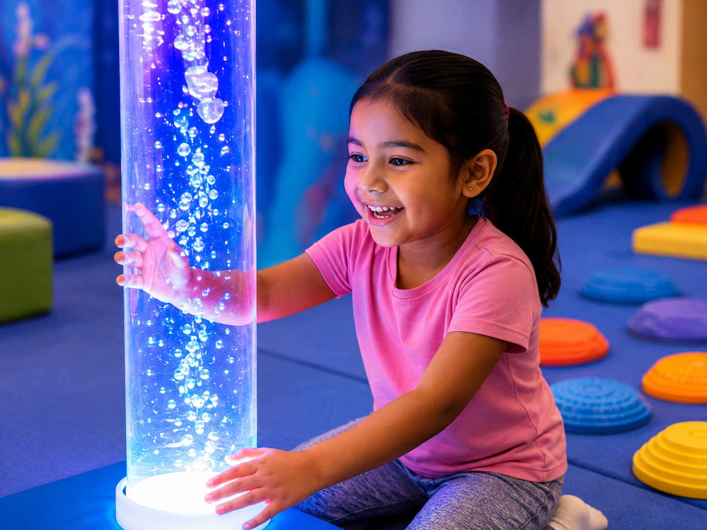 Child engaging with sensory bubble column in enrichment program