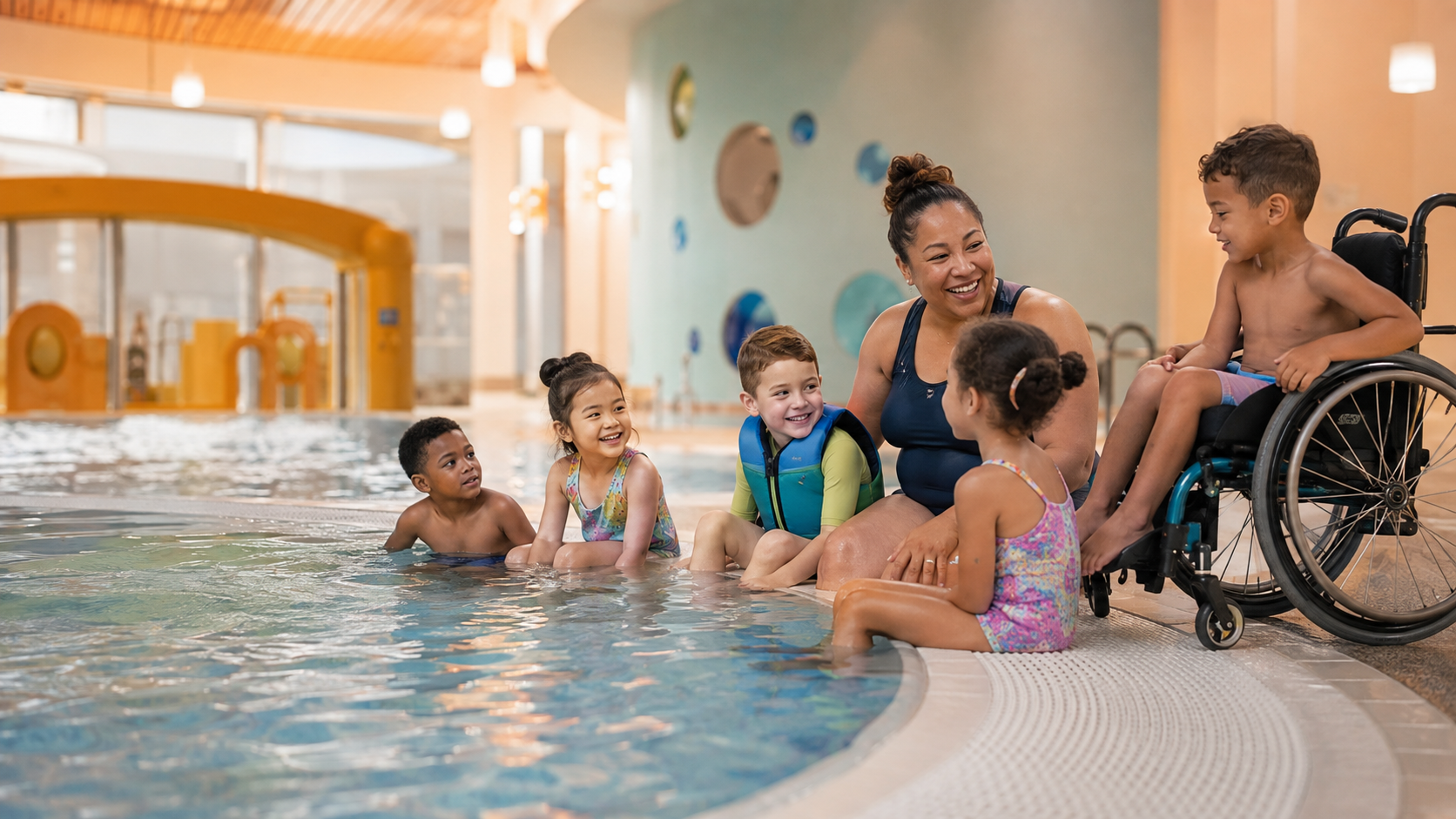 Happy child splashing in pool