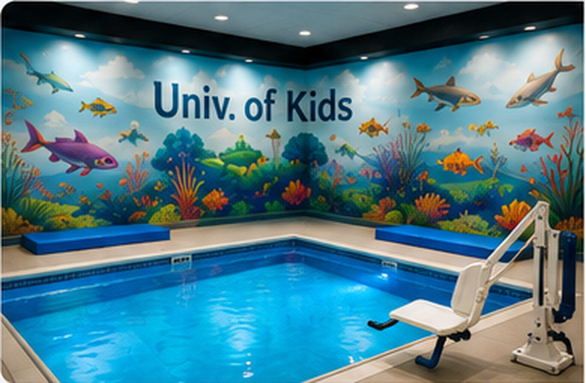 Indoor aquatic therapy pool with Univ. of Kids custom branded mural wall