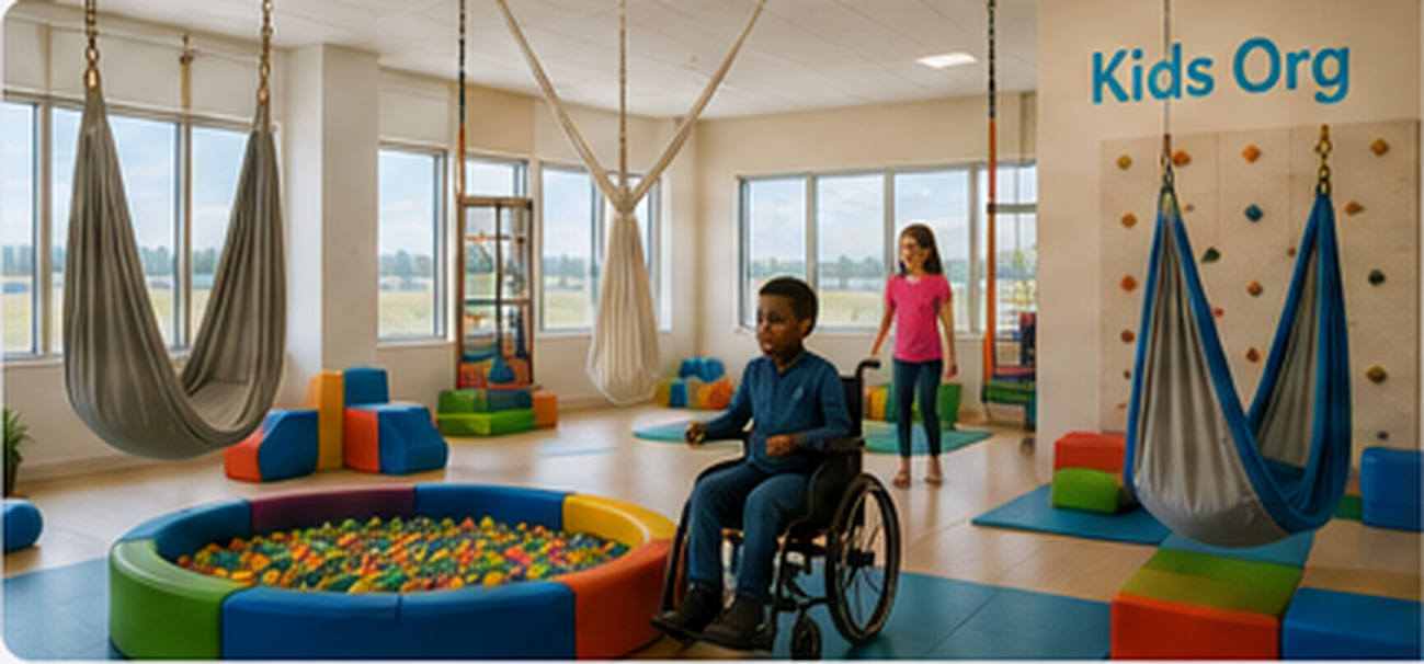 Kids Org pediatric sensory gym with swings, climbing wall, and ball pit