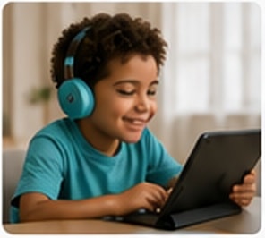 Child with headphones using tablet