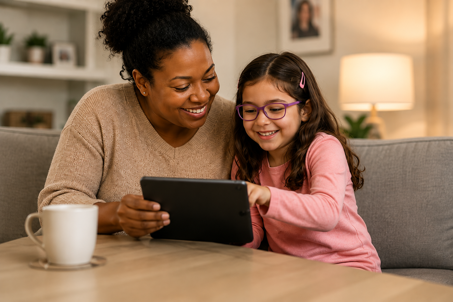 Caregiver and child learning together with a tablet